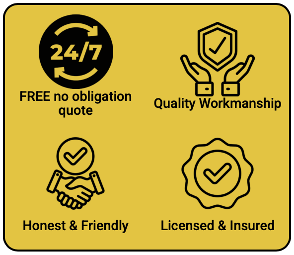 Logos showing that we are Proud to offer Free no obligation quotes, offering high quality workmanship, with an honest & friendly team, and fully licensed and insured, with over 40 years experience.